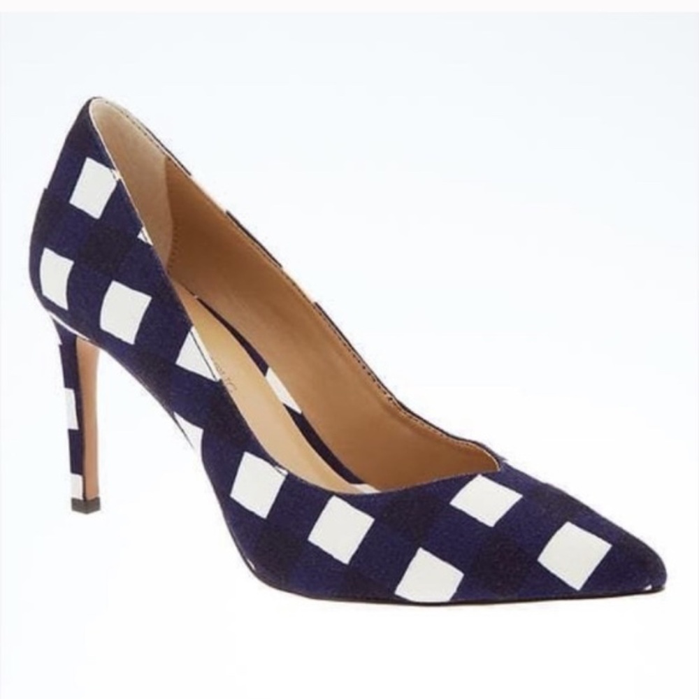 NWOT Banana Republic Gingham Blue/White Checkered Pointy Toe Heels